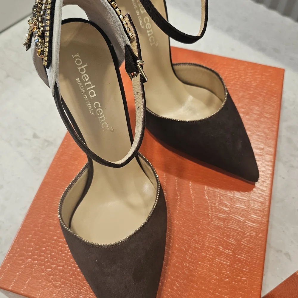 Roberto Cavalli Women’s Brown and Cream Embellished Suede Heels - Picture 8 of 16